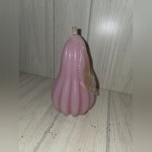 Vtg Glass Ribbed Pink Pear With Gold Flake Murano Style Art Glass Fruit 7"